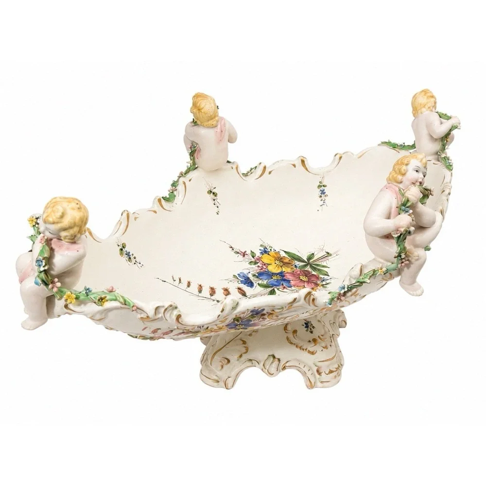 Vintage Capodimonte Italy Cherub Centerpiece Bowl Hand Painted Signed 20x10x9